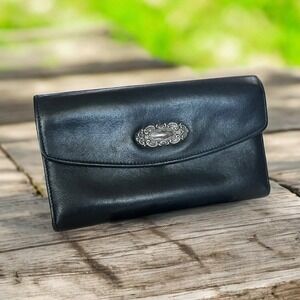Fossil‎ Vintage Genuine Leather Trifold Wallet Silver Medallion Checkbook Clutch